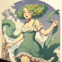 a cartoon girl holding a scarf and standing in front of a sky