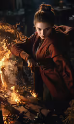 the woman in red clothes is working with fire