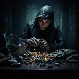 a hooded person lighting a candle on a table