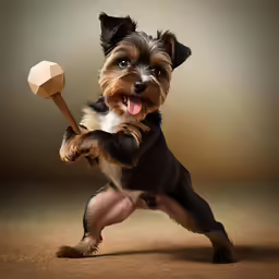 the little dog is dancing with his toy