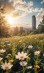 a field with flowers and trees near some tall buildings