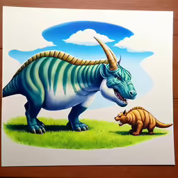 a picture of a dinosaur and a small animal