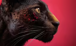 a black cat with red spots all over its face
