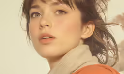 a woman is in profile to the right with hair in the air