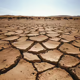 a dry landscape with cracked rocks under blue skies