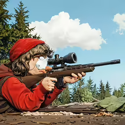 a painting of a young man aims his rifle
