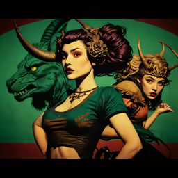 two beautiful women in green tops wearing horns