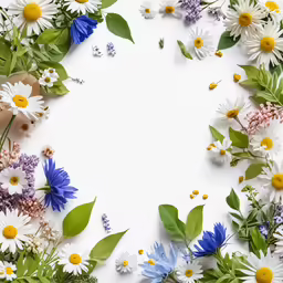 white and blue flowers arranged around a white space
