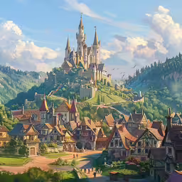 a painting with the castle in the middle of it,the artwork is a painting in which there are many houses on the hill