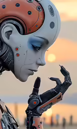 robot face with artificial features with another robotic