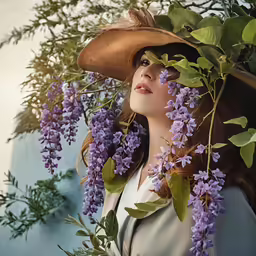 a woman wearing a hat hiding between plants