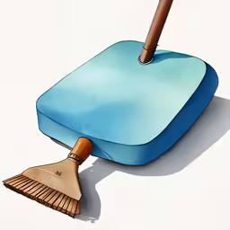 a broom leaning on a blue block on the ground