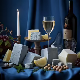 there are many different types of cheese and bottles of wine
