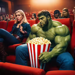 a man with a movie bag sitting in a chair, watching people sitting on the theater seats,there is a man that is holding popcorn and a woman