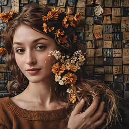 a woman poses with a bunch of fake flowers