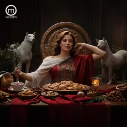 the woman sits at a table covered with desserts
