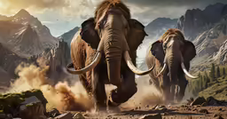 two elephants on the rocky terrain and the sky is gray