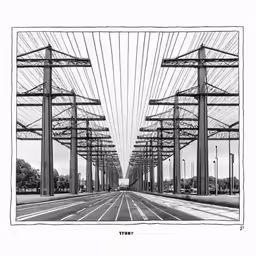 a black and white drawing shows a street scene with many wires hanging from the ceiling