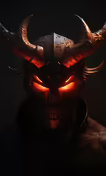 the demon face is glowing red in the dark