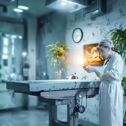 a woman in white coat holding a yellow piece of metal