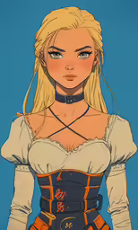 a woman with blonde hair, wearing an orange and black outfit