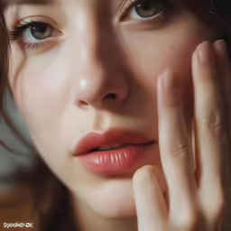 the young woman holds her hand up to her face