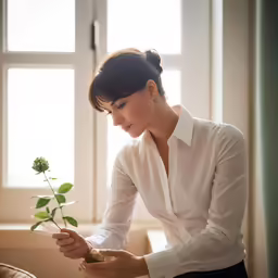 a woman is holding a rose and looking at it