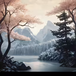 a beautiful landscape of a mountain range with a lake surrounded by cherry blossoms