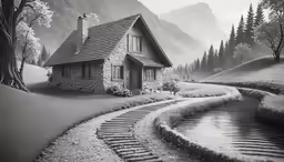 a painting of a house in a mountainous setting