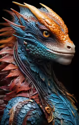 a statue of a dragon with brown and blue feathers