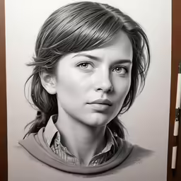 a pencil drawing of a woman looking forward