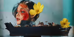 a girl is wearing face paint and yellow flowers