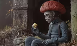 a man in costume holding up a sandwich