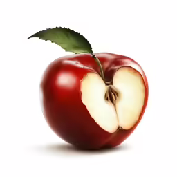 an apple is cut in half with one leaf