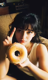 a young girl holding a donut in front of her face