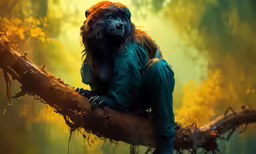 the monkey is on a branch with the leaves all around