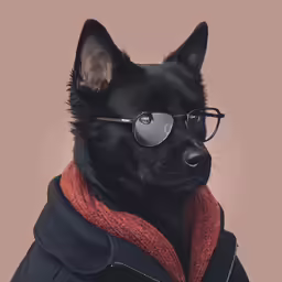 a close - up image of a black dog wearing glasses