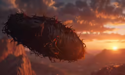 a bird nest in the desert as the sun sets