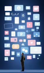 a man looking at a display of social icons