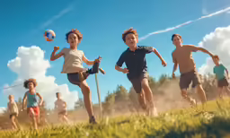 a group of children playing ball on a field