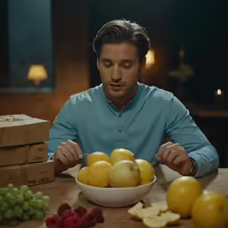 a man is eating fruit on the table