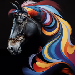 a black horse with multicolored mane and eye decorations