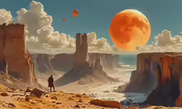 a painting of a man on a mountain overlooks a view of the desert with hot air balloons floating over the mountains and water