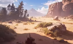 an unpaved desert with trees, rocks and other things in the distance