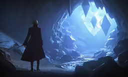 a woman stands inside an icy cave, with a blue light shining in the background