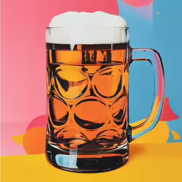a beer mug sitting on a colorful tablecloth