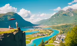 two people sitting on the edge of a cliff while holding an umbrella