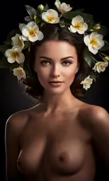 a nude young woman wearing flowers in her hair