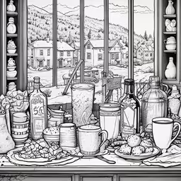 a table that has some food on it,some bottles, dishes and bowls on a table