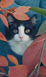 a white cat peeking out from behind some leaves